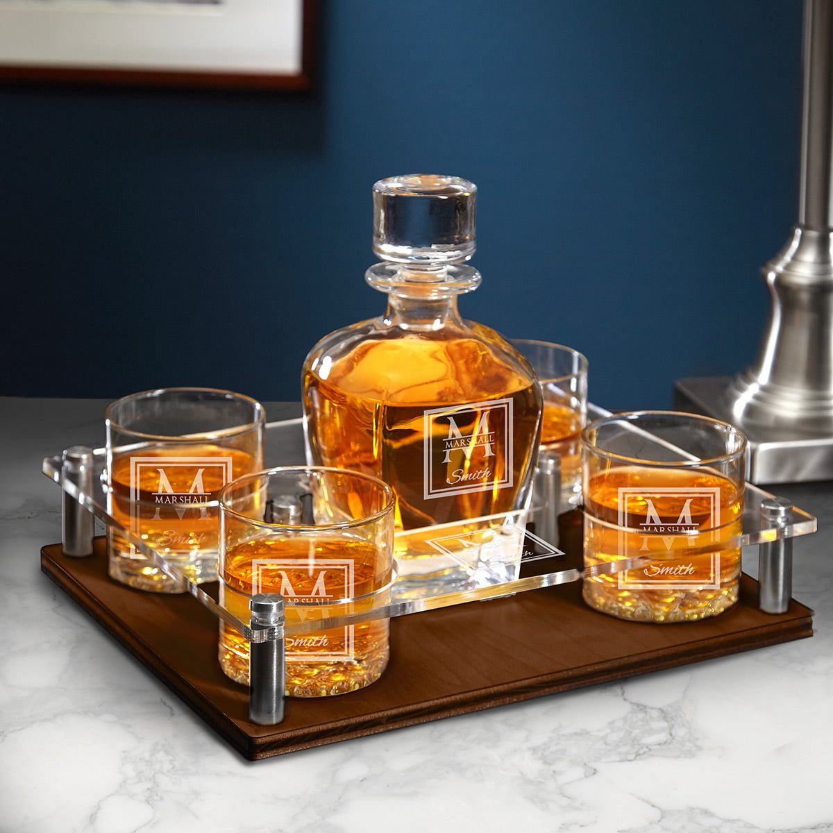 Presentation Set with Engraved Whiskey Glasses & Decanter Set - 6pc Walnut Bar Serving Tray & Display Set