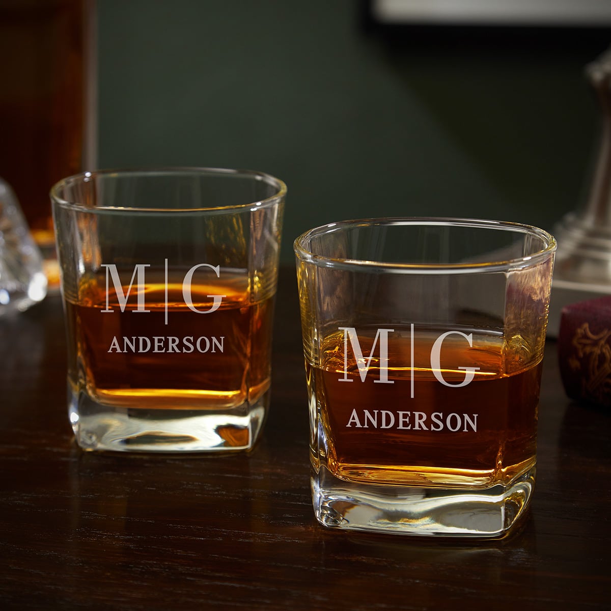 Monogram Etched Whiskey Glasses, Set of 2