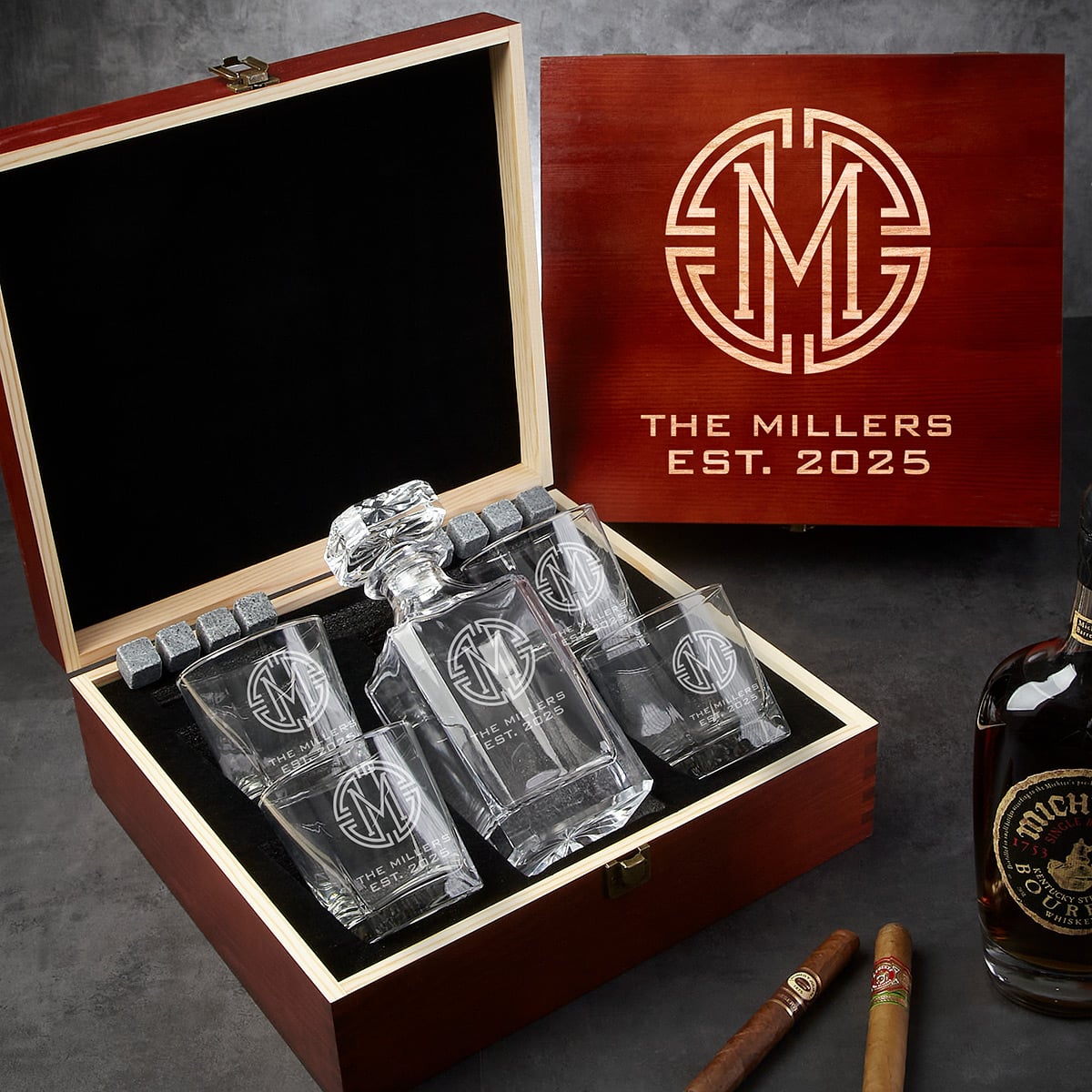 Prescott Custom Whiskey Decanter Set with Handcrafted Box - 7pc Whiskey Gift Set