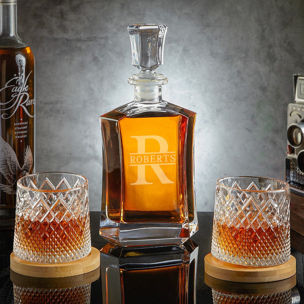 Remington Custom Decanter Set with Rotating Whiskey Glasses