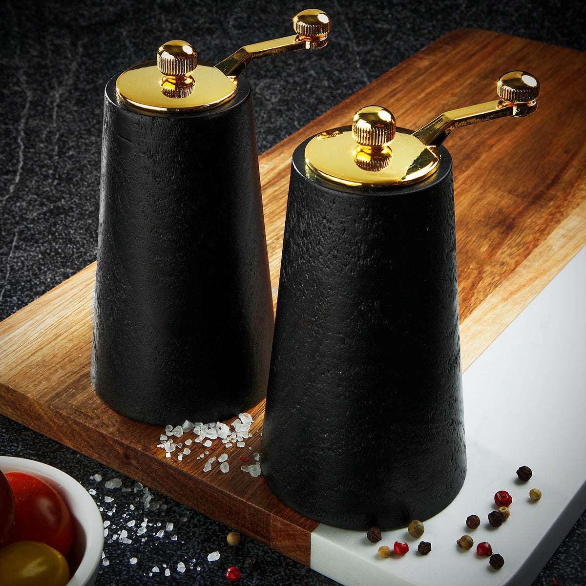 Richfield Wooden Salt and Pepper Grinders, Black with Gold Accents