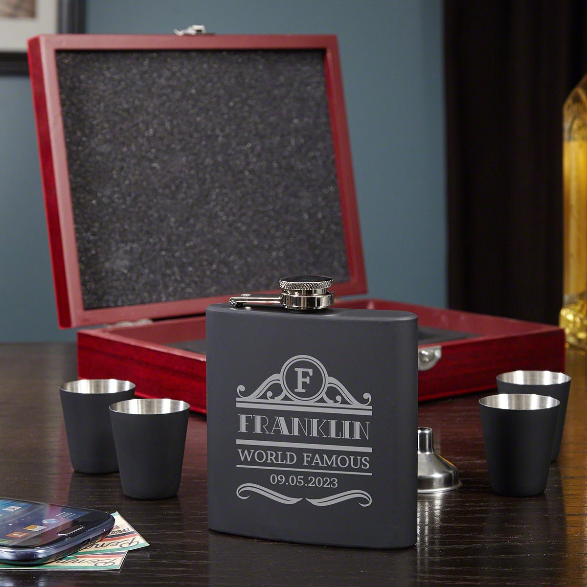 Rockefeller Engraved Flask Gift Set