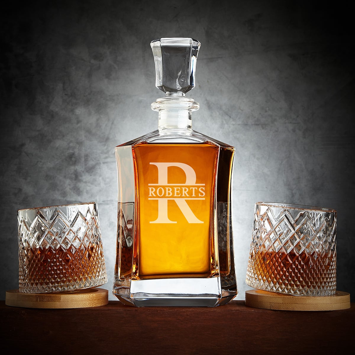 Remington Rotating Whiskey Glass Set with Custom Decanter