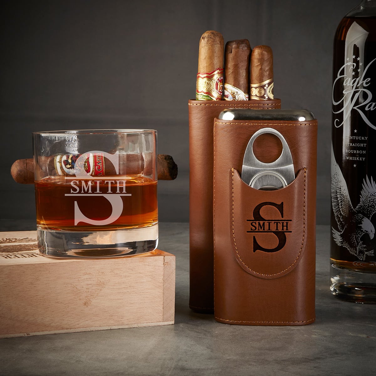 Custom Oxley Cigar Glass and Cedar-Lined Cigar Case, Brown Leather