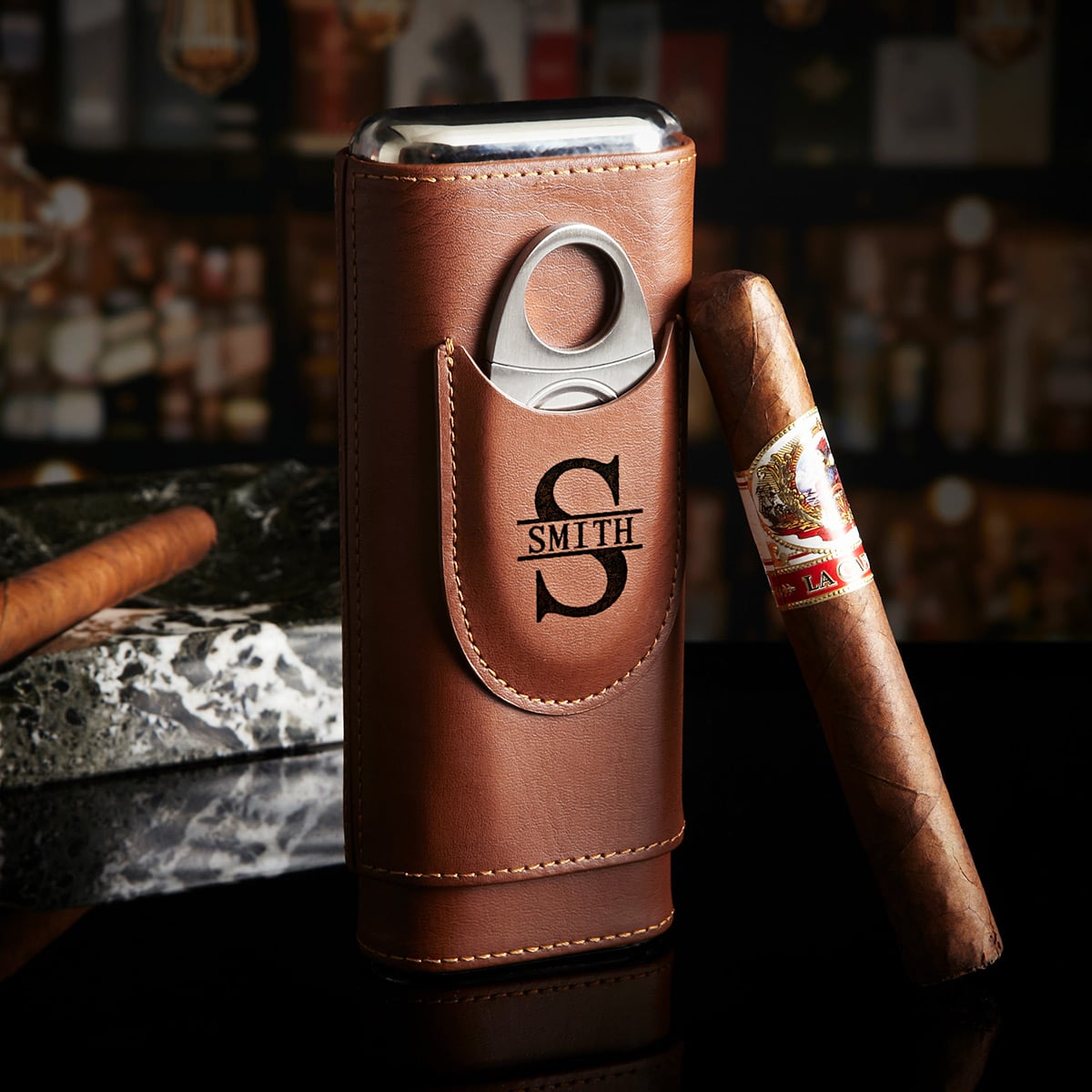 Richmond Custom Leather Cigar Travel Case - Cedar Lined Travel Cigar Holder Brown