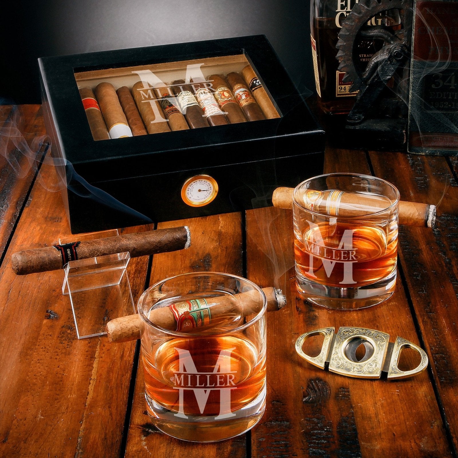 Santiago Cigar Humidor with Custom Cigar Glasses and Accessories