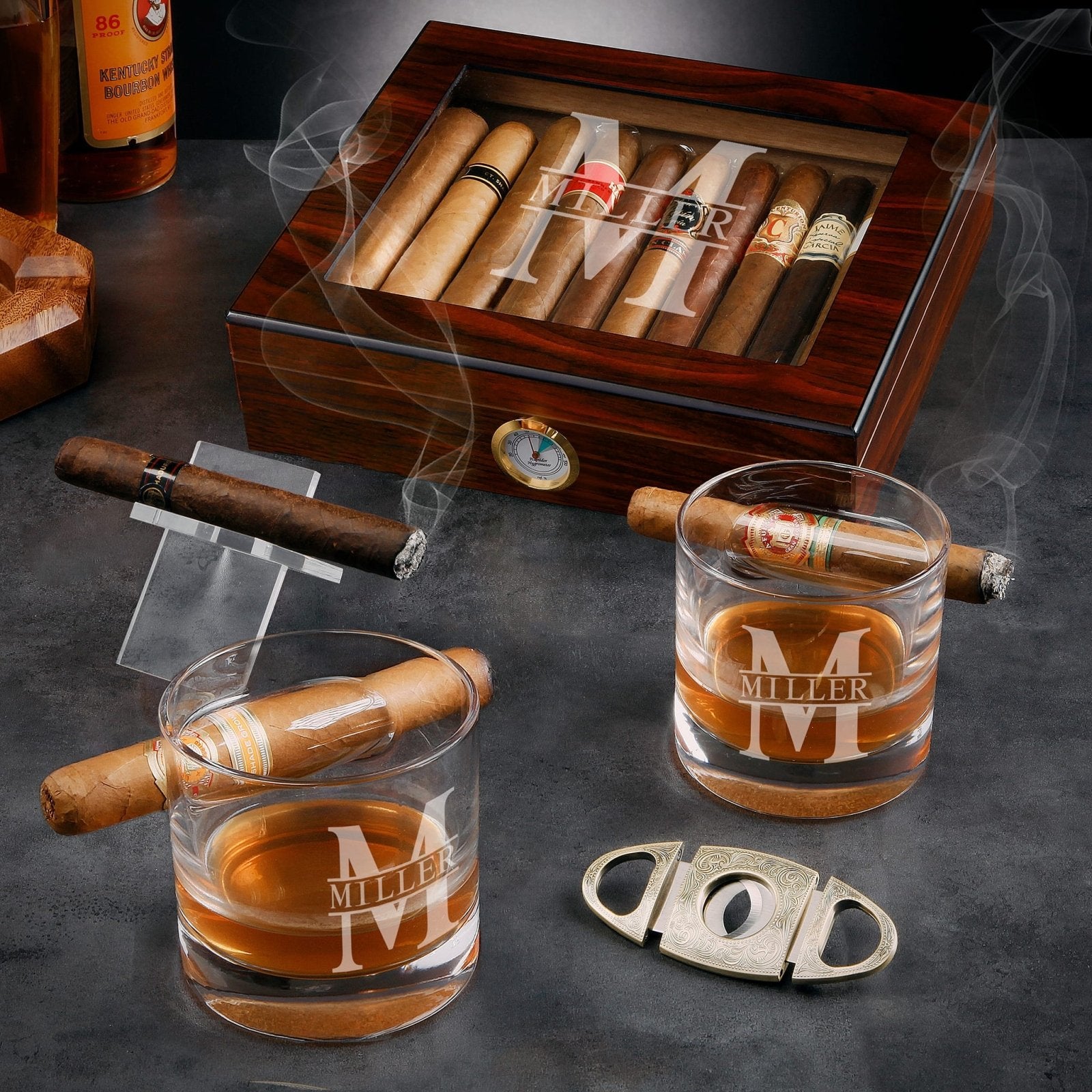 Santiago Cigar Humidor with Custom Cigar Glasses and Accessories