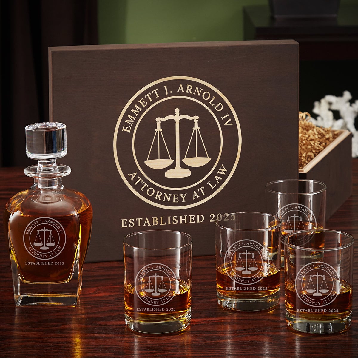 Custom Whiskey Glass and Decanter Set with Gift Box for Lawyers