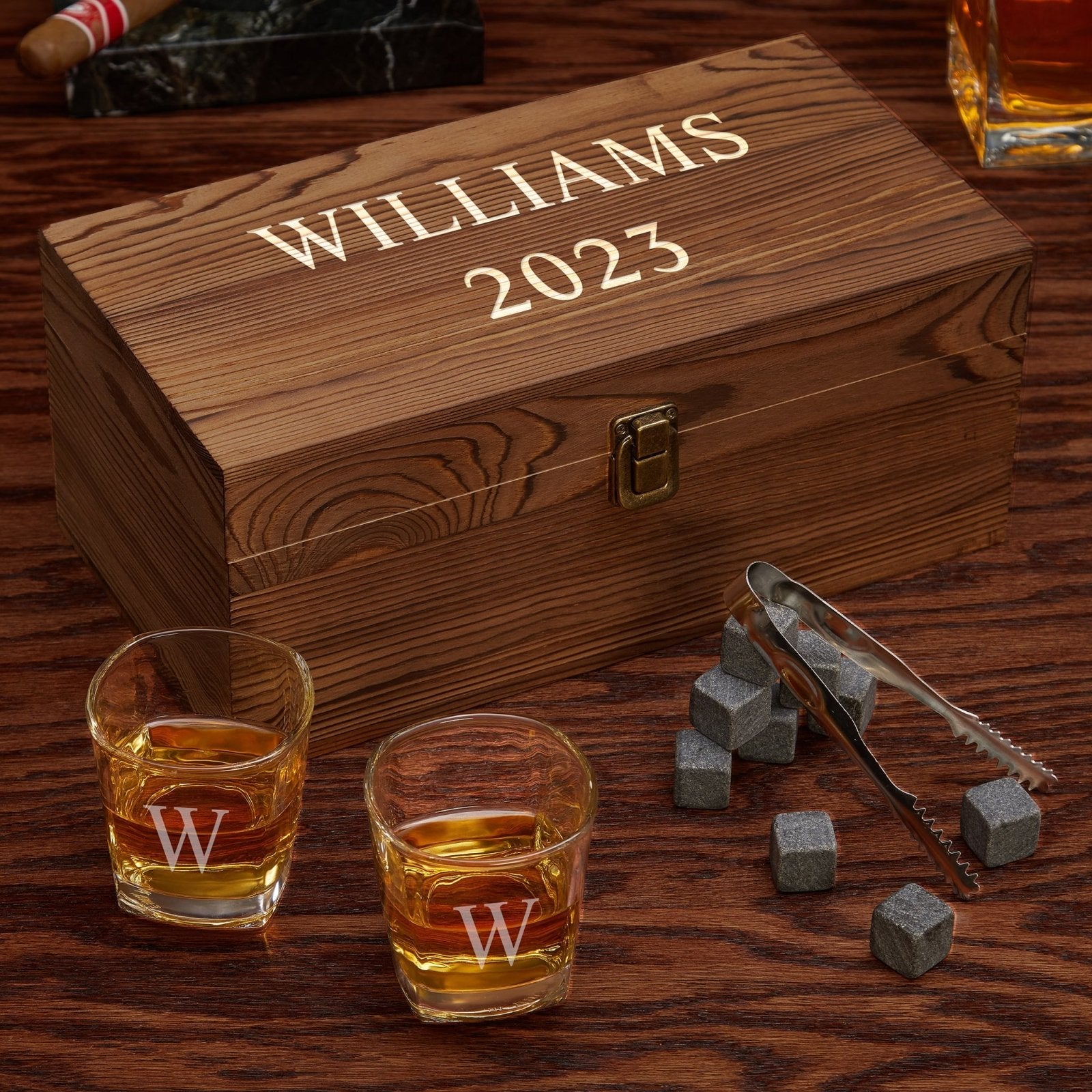 Schaefer Personalized Whiskey Stones and 6 oz Shot Glasses Gift Set