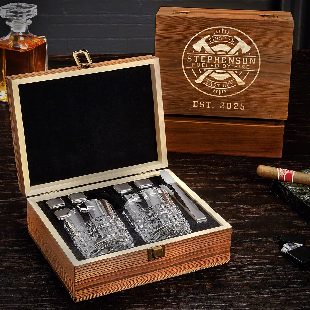 Personalized Whiskey Box Set Gift for Firefighters