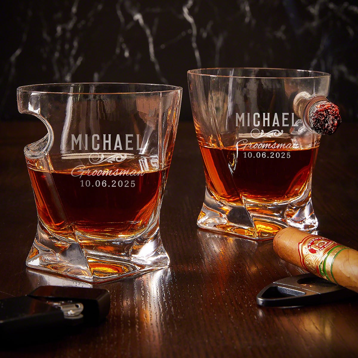 Personalized Twist Cigar Glasses for Whiskey - Set of 2 Gifts for Groomsmen