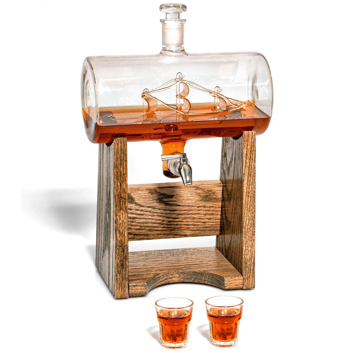Seven Seas Ship Decanter with Oak Base for Whiskey and Spirits
