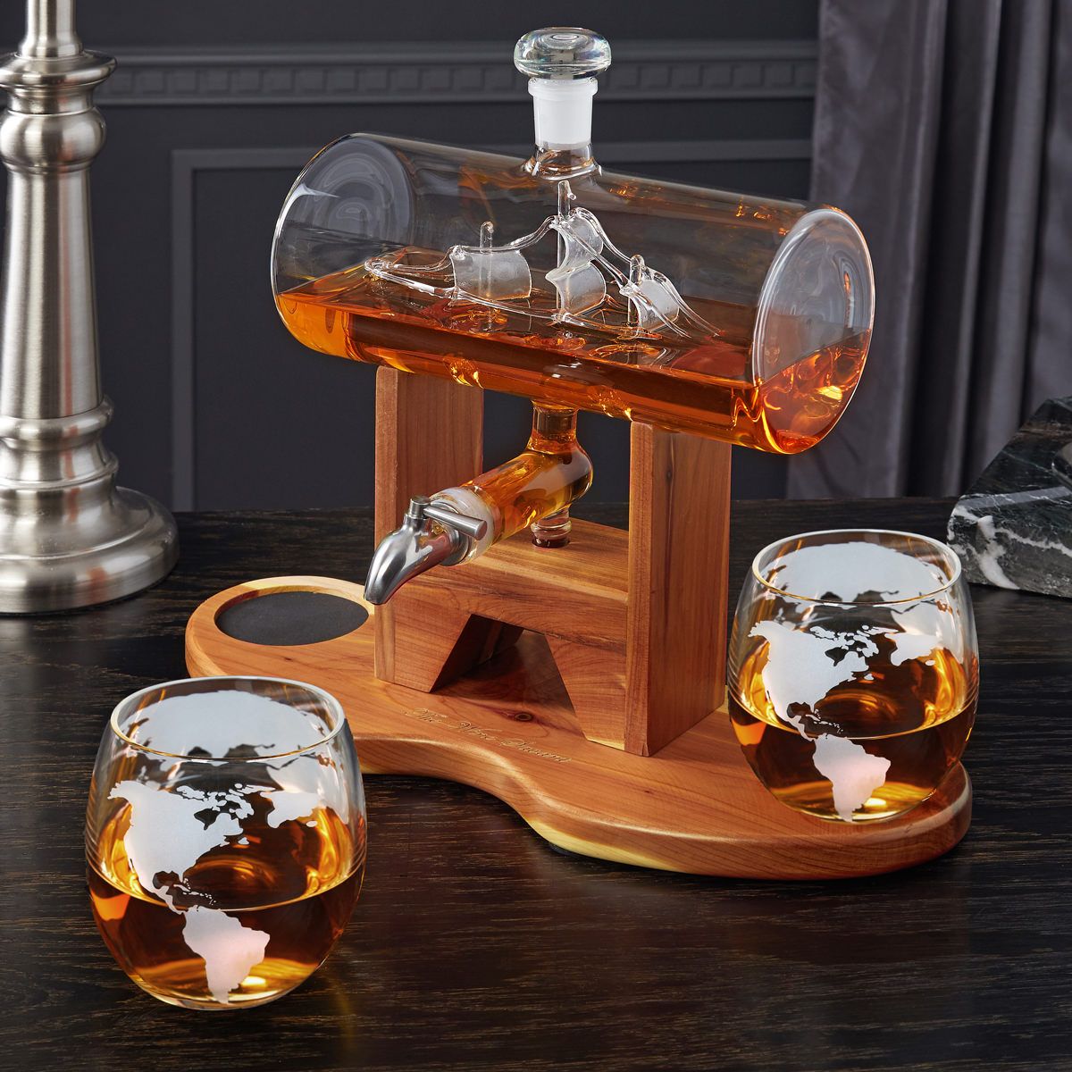 Ship in a Bottle Decanter With Two Globe Whiskey Glasses