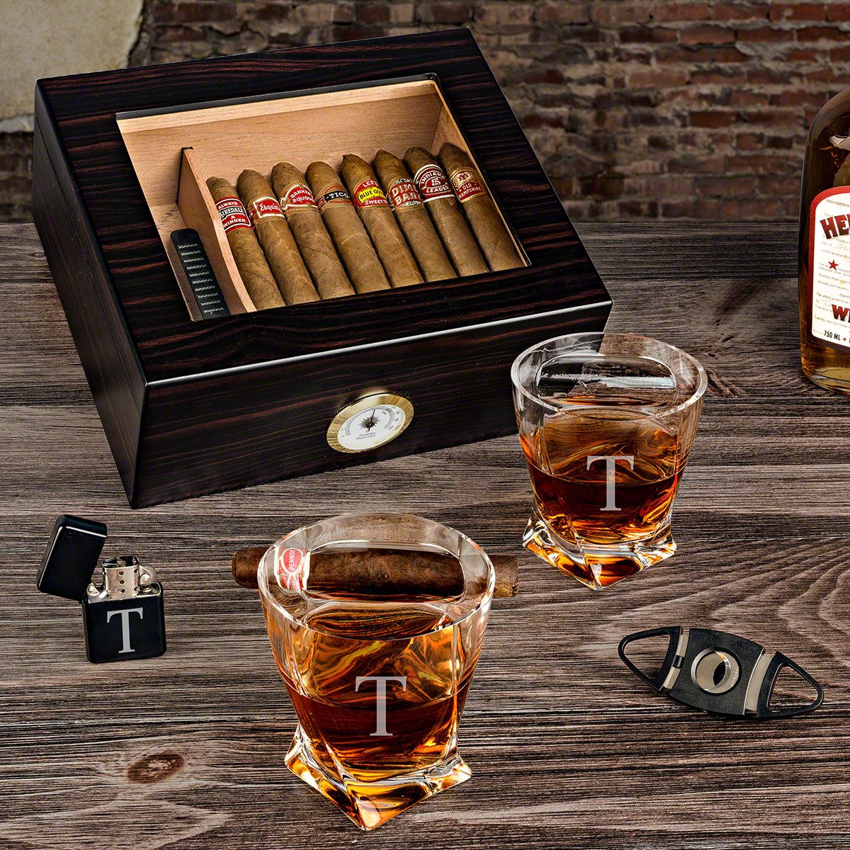 Single Initial Custom Cigar Glasses & Dante Cedar Humidor Gift Set