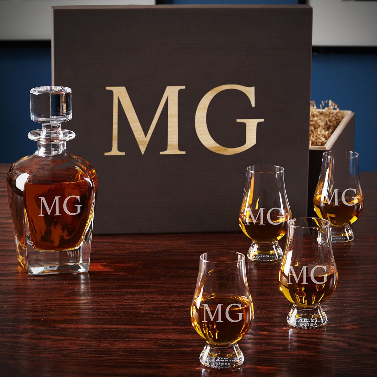Monogram Glencairn Glass Set with Whiskey Decanter and Wood Gift Box