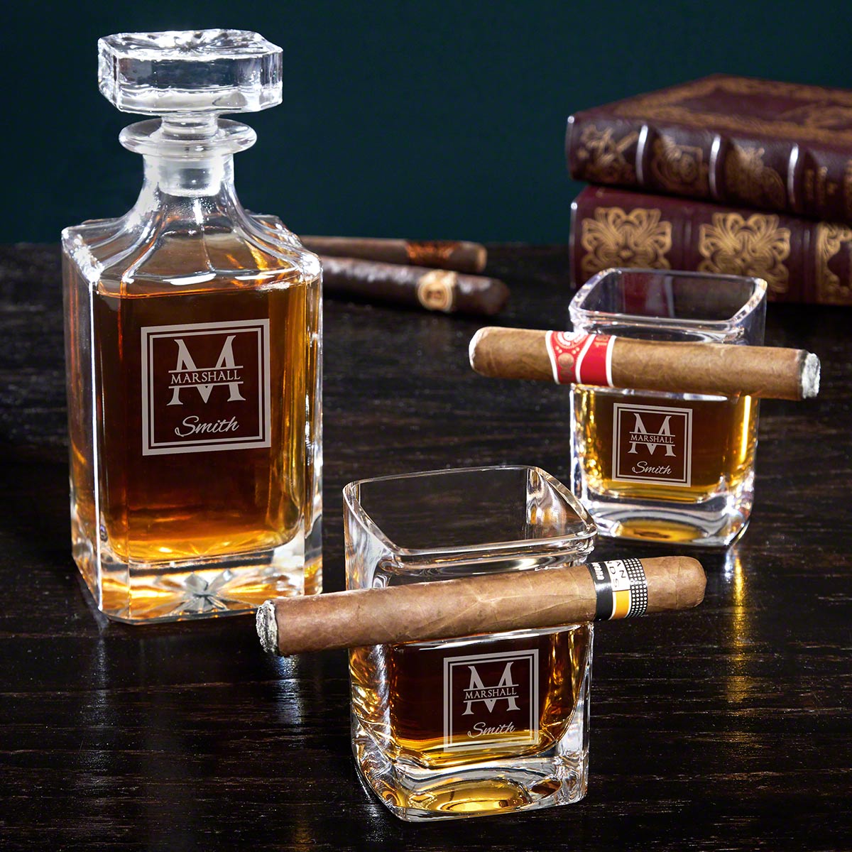 Personalized Decanter Set with Box and Cigar Glasses