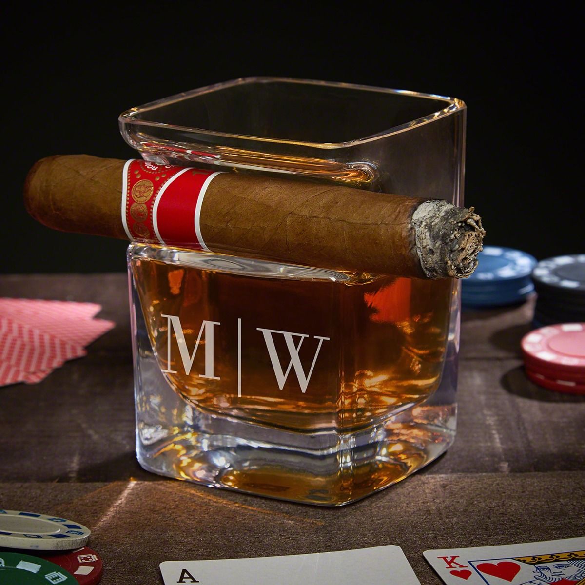 Personalized Cigar Gift Set with Sheffield Cigar Flask and Whiskey Glass with Cigar Holder