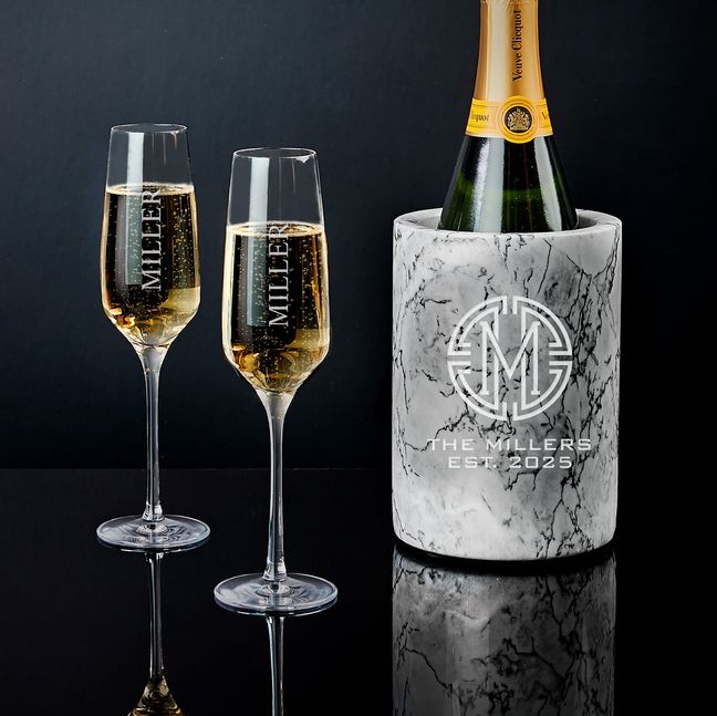 Stolzle Personalized Champagne Flutes with White Marble Champagne Bottle Chiller, Manhattan Design