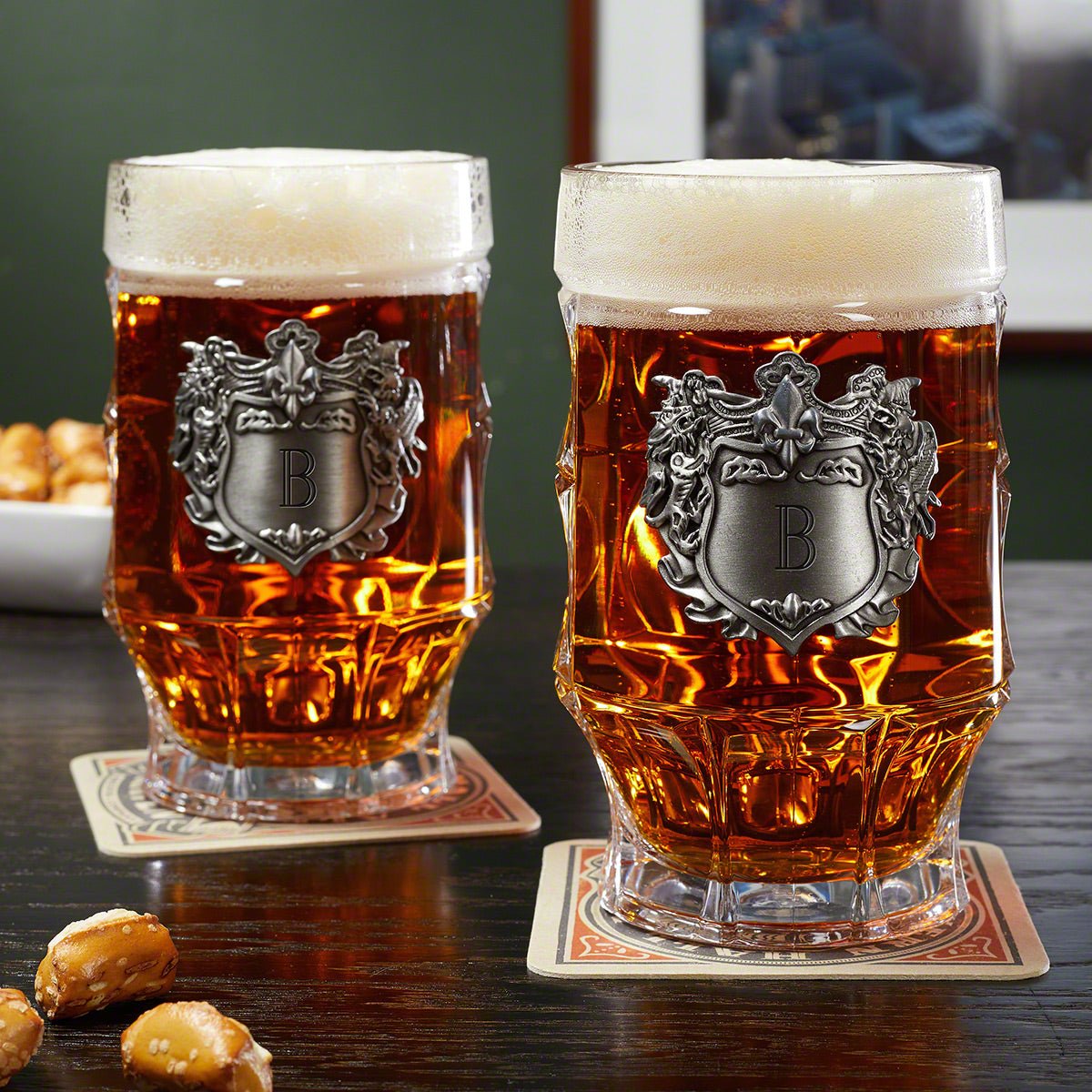 Strasbourg Glass Steins with Personalized Crests, Set of 2