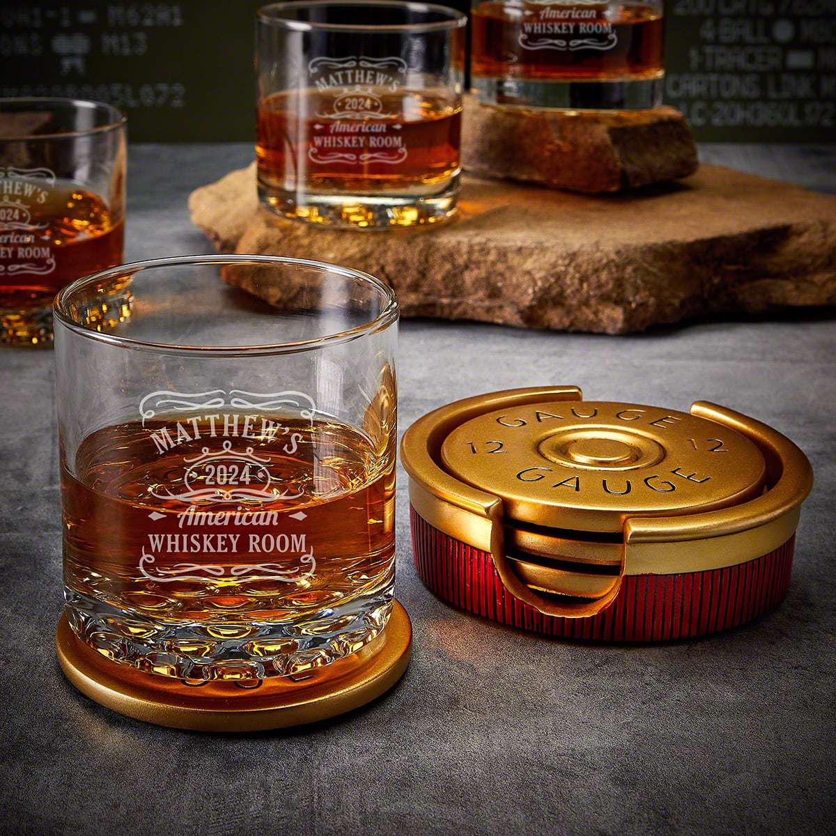 Engraved Whiskey Glasses with Shotgun Shell Coaster Set 
