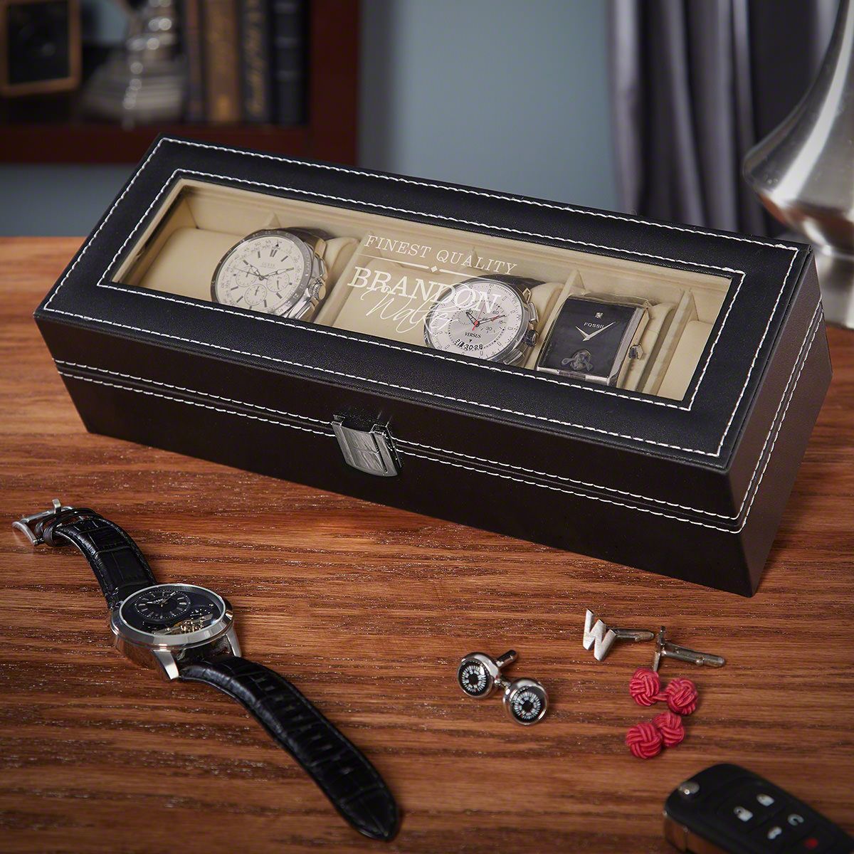 Timeless Stanford Personalized Black Leather Watch Case