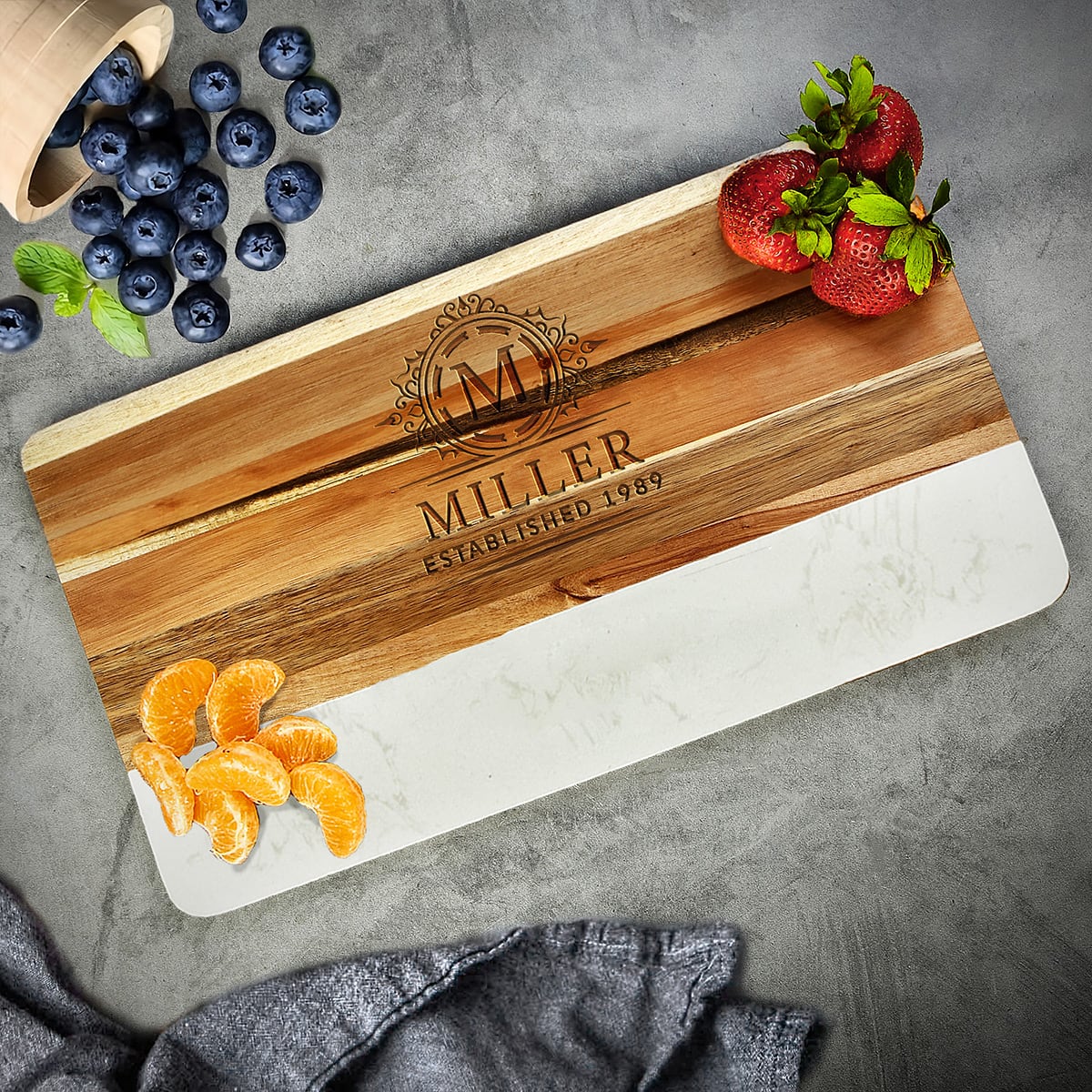 Trieste Custom Wood Charcuterie Board with White Marble Accents, 16 x 9 x 1 inch