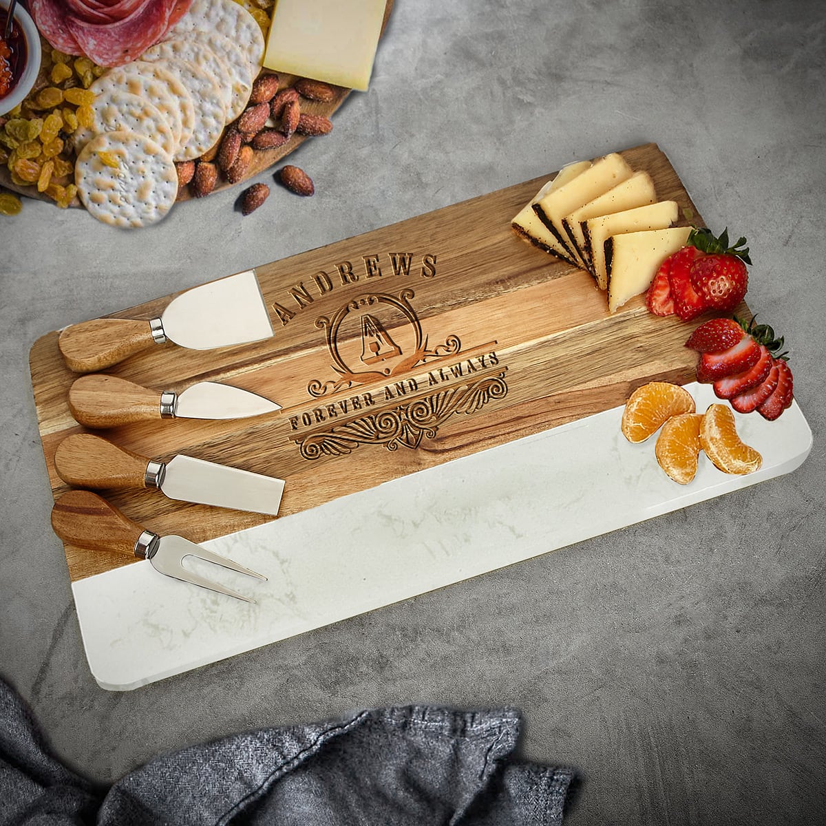 Trieste Large Personalized Cheese Board Set with Cheese Knives - Marble and Wood