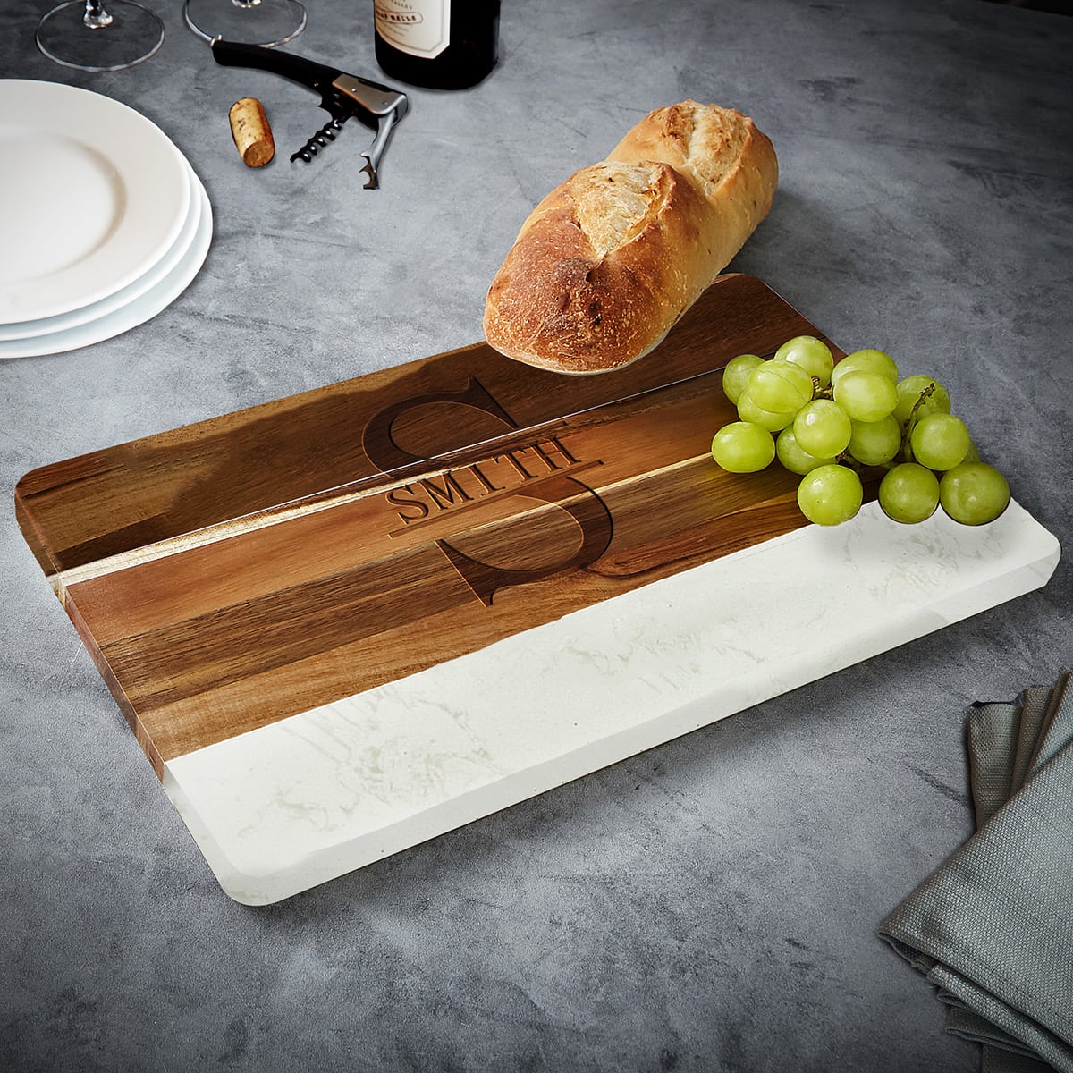 Trieste Personalized Marble Cutting Board - White Marble and Acacia Wood Cheese Board 16 x 9 x 1 inch