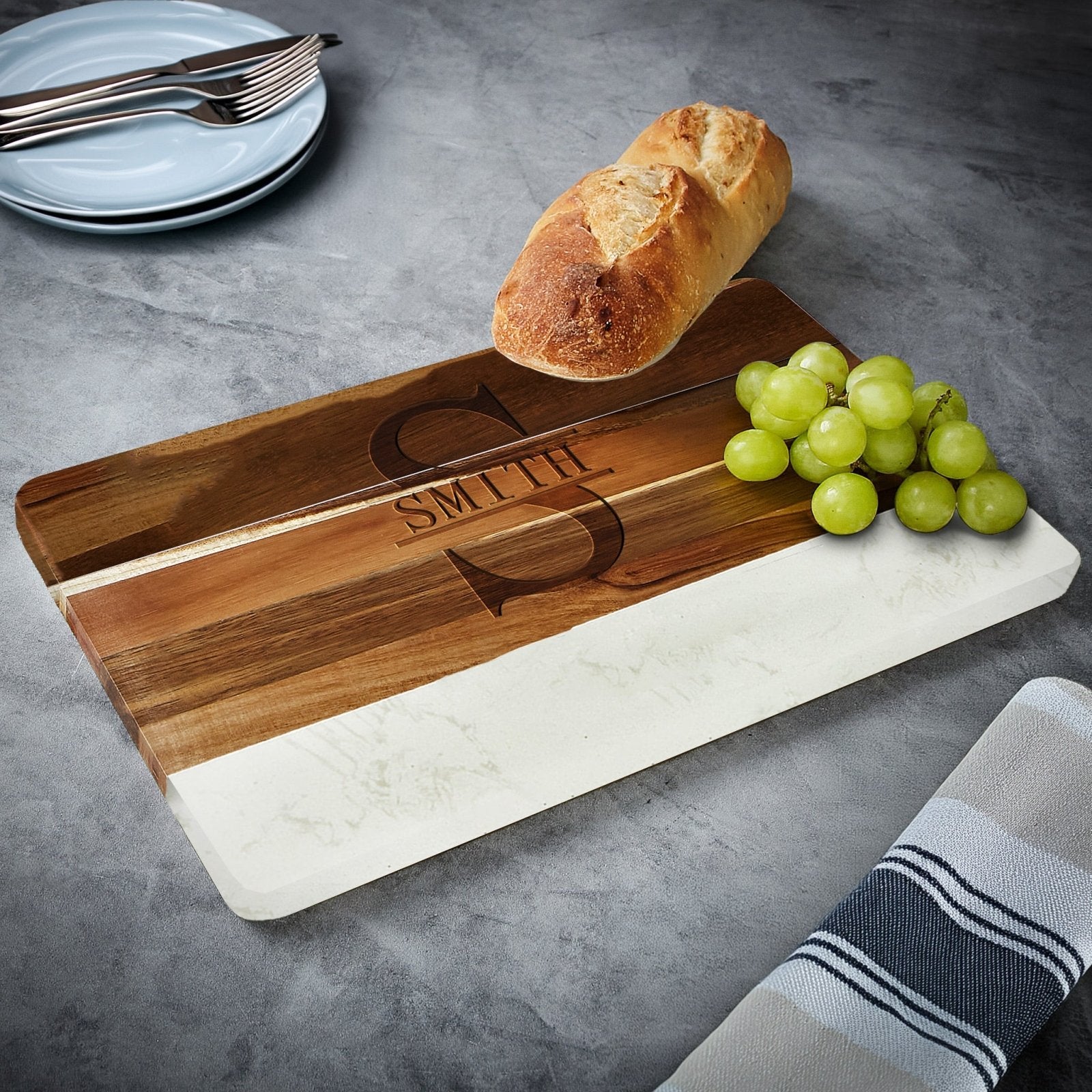 Trieste Personalized Marble Cutting Board - White Marble and Acacia Wood Cheese Board 16 x 9 x 1 inch