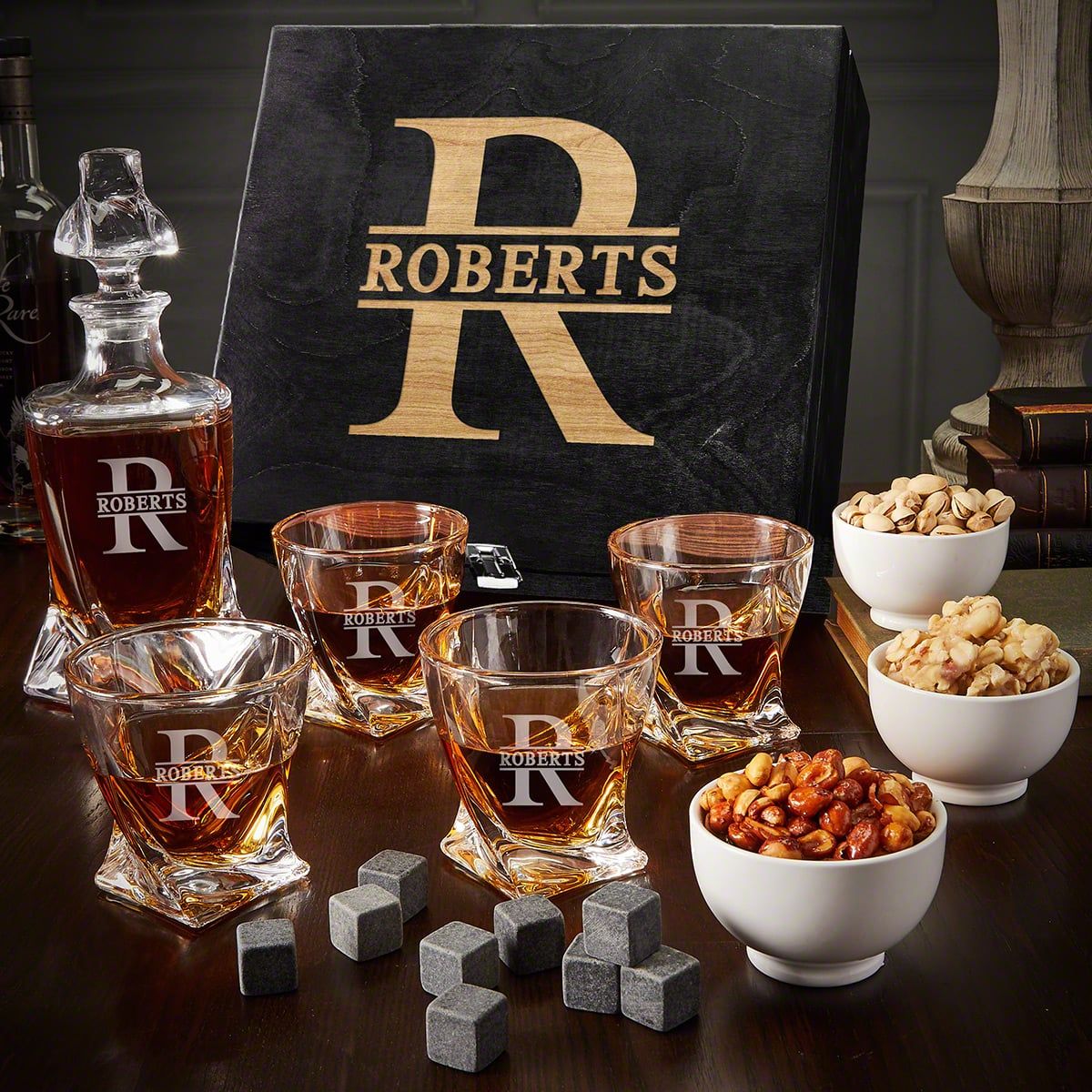 Twist Custom Bourbon Decanter Set with Snacks - Black Ebony Box 11pc