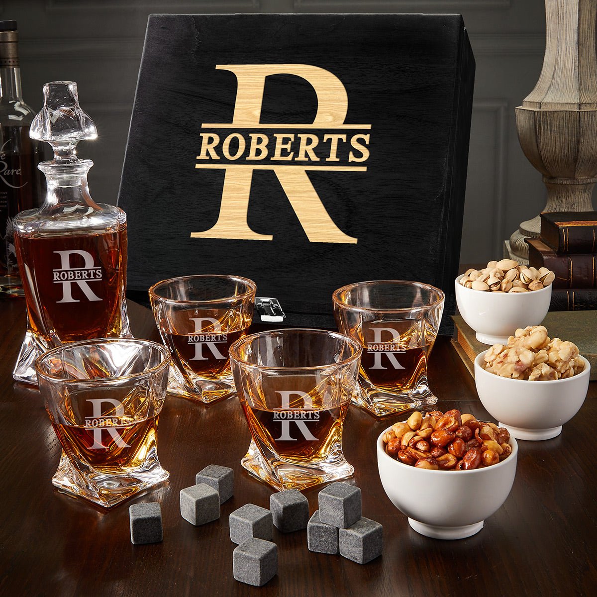 Twist Custom Bourbon Decanter Set with Snacks - Black Ebony Box 11pc