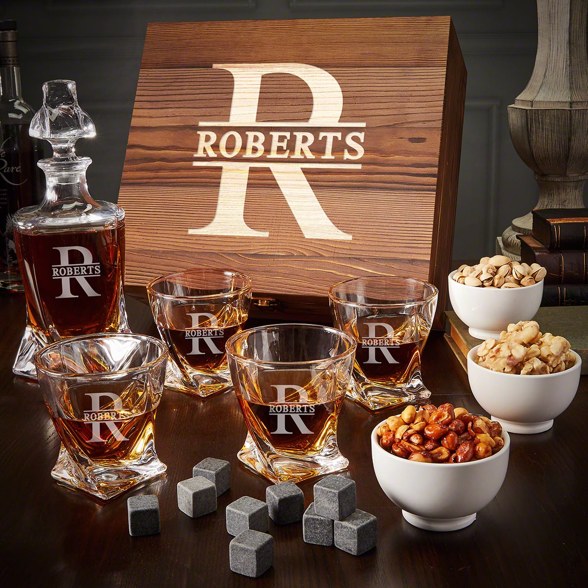 Vicente Custom Whiskey Decanter Set with Whiskey Glasses & Snacks - 11pc
