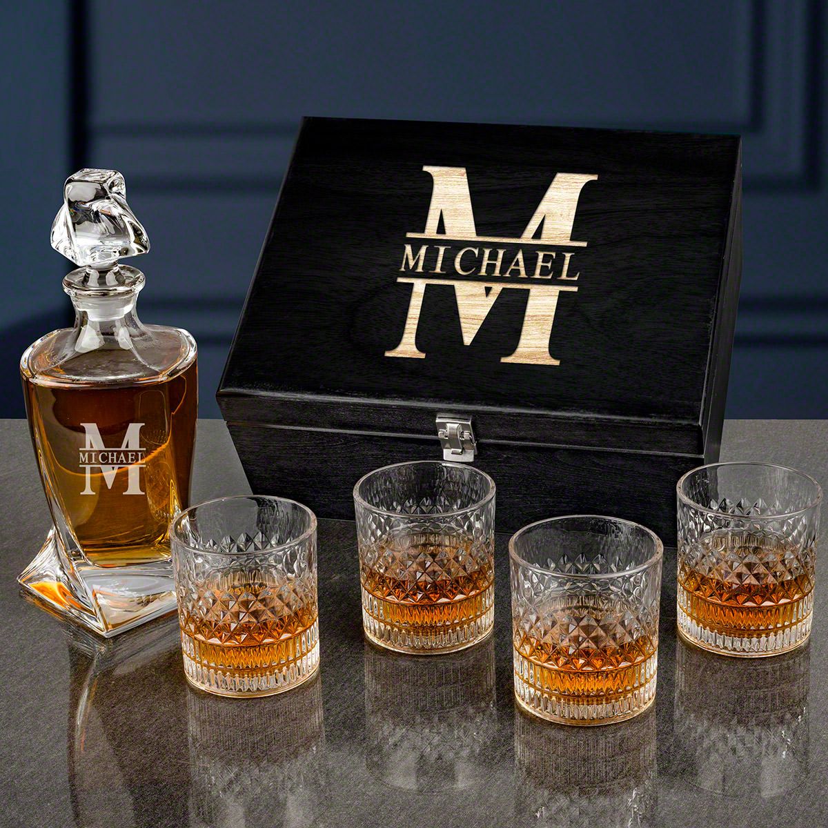 Vincete Custom Whiskey Decanter Set with Truman Glasses - Ebony Black Gift Box