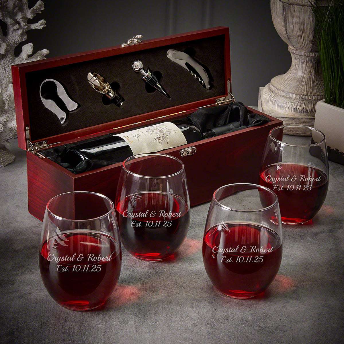 Personalized Stemless Wine Glass Set with Wine Gift Box - 9pc Two Lines of Text
