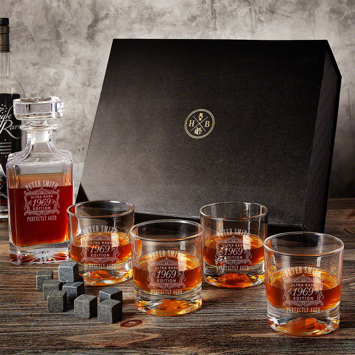 Custom Whiskey Decanter Set 7pc with Glacier Bottom Glasses and Luxury Box