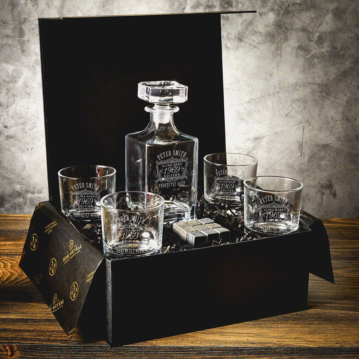 Custom Whiskey Decanter Set 7pc with Glacier Bottom Glasses and Luxury Box