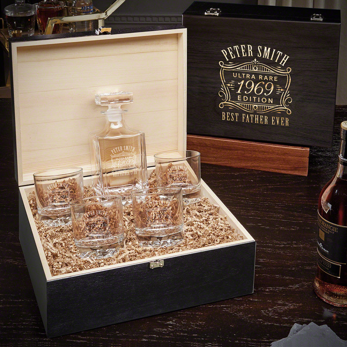 Custom Glacier Glasses and Whiskey Decanter Set - Ebony Black Box