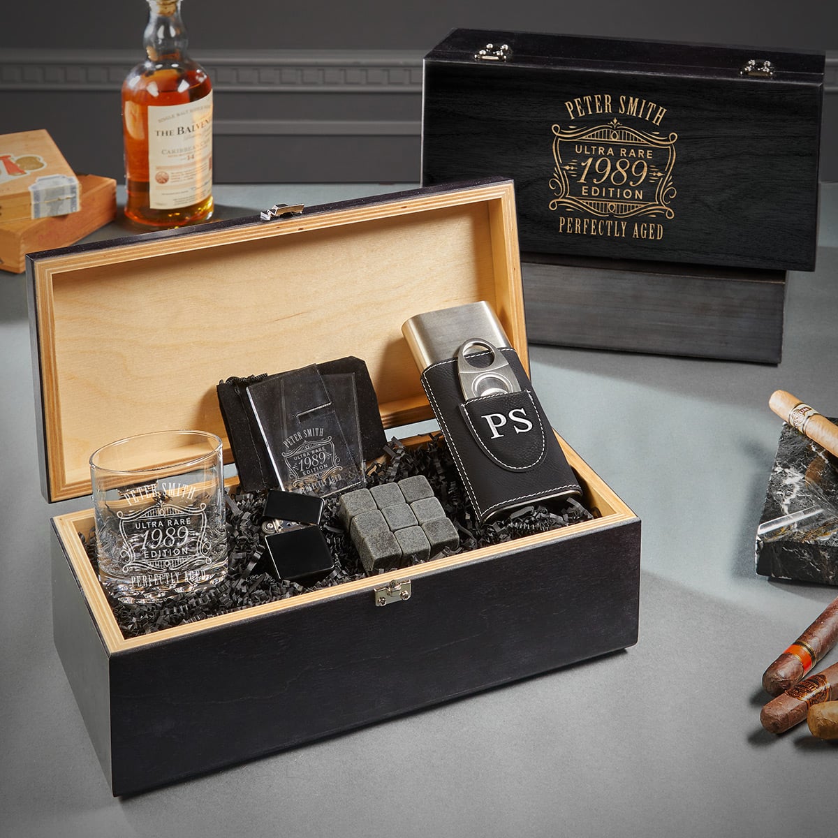 Ultra Rare Edition Custom Whiskey Glasses and Cigar Gift Set - 7pc Ebony Black Boxed