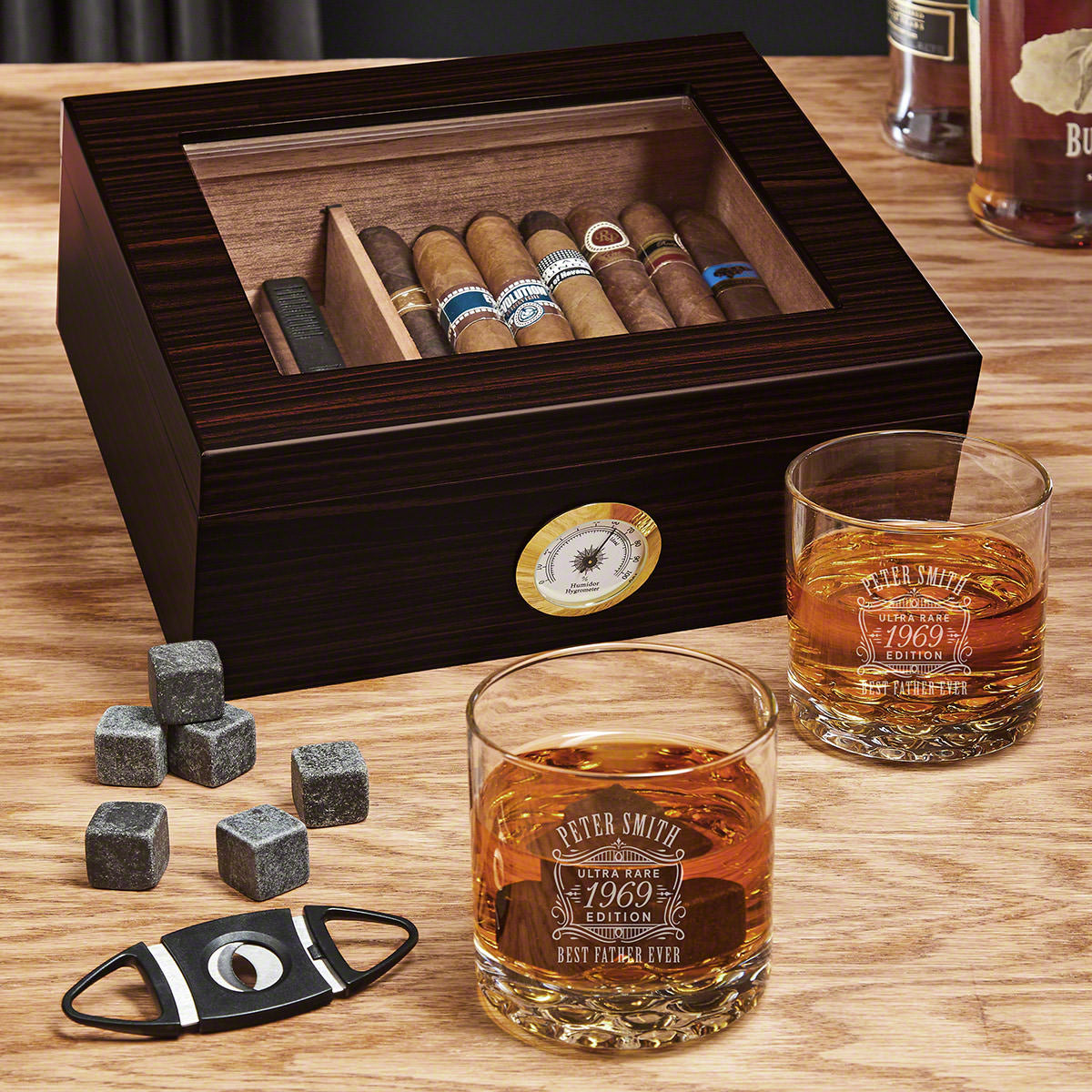 Dante Whiskey and Cigar Gift Set 6pc - Custom Glasses with Cedar Cigar Humidor