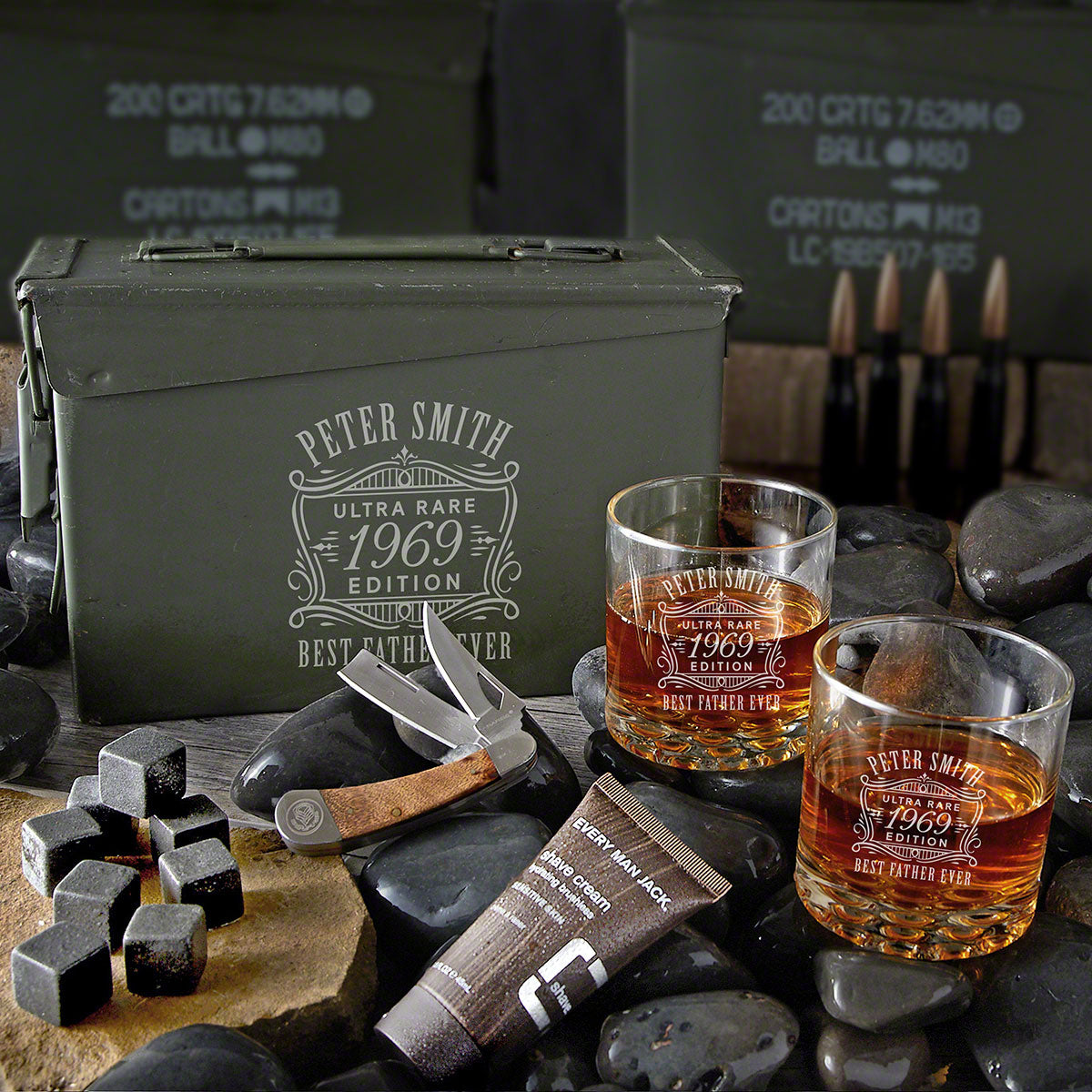 All Nighter Personalized Ammo Can Whiskey and Shaving Gift Set - 6pc