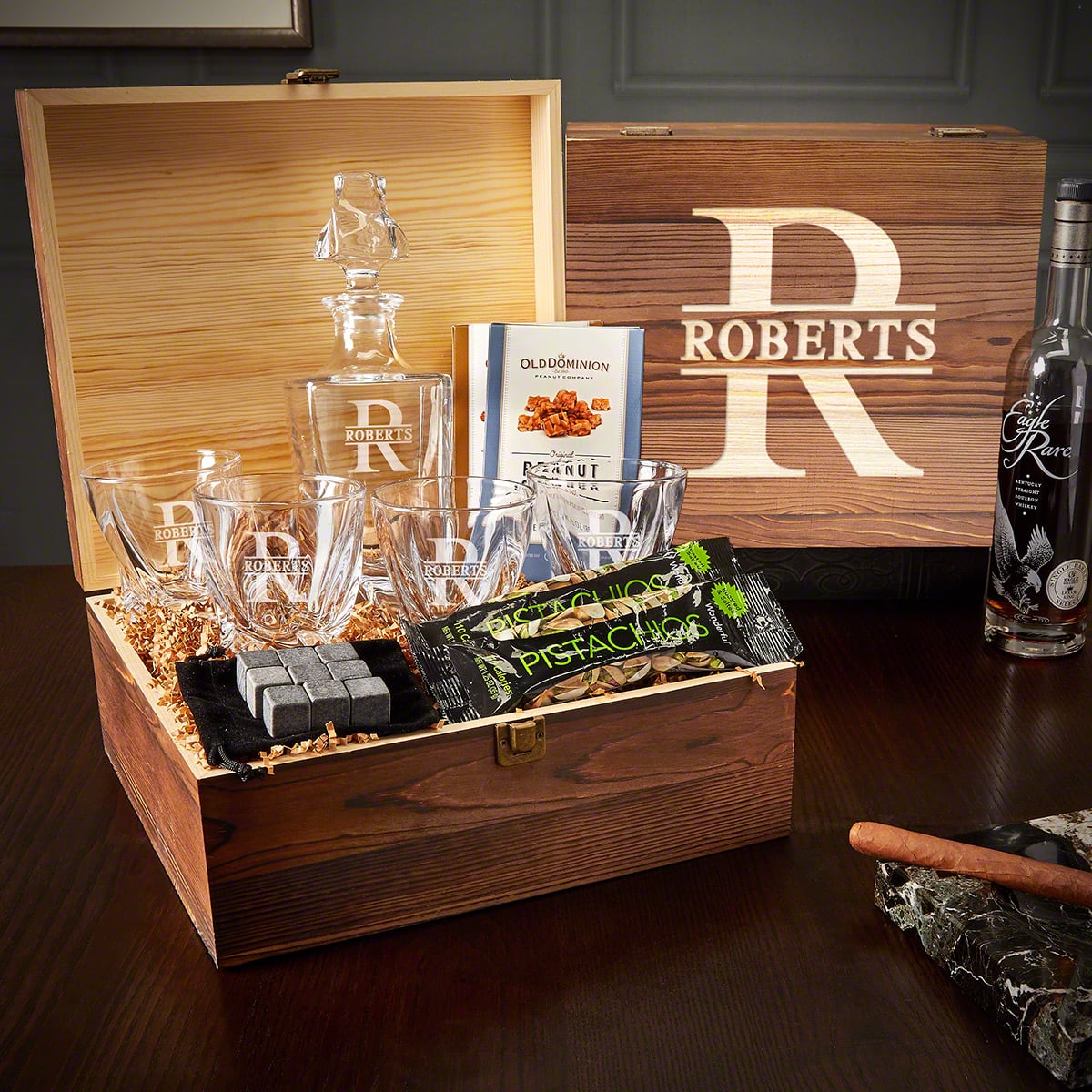 Vicente Custom Whiskey Decanter Set with Whiskey Glasses & Snacks - 11pc