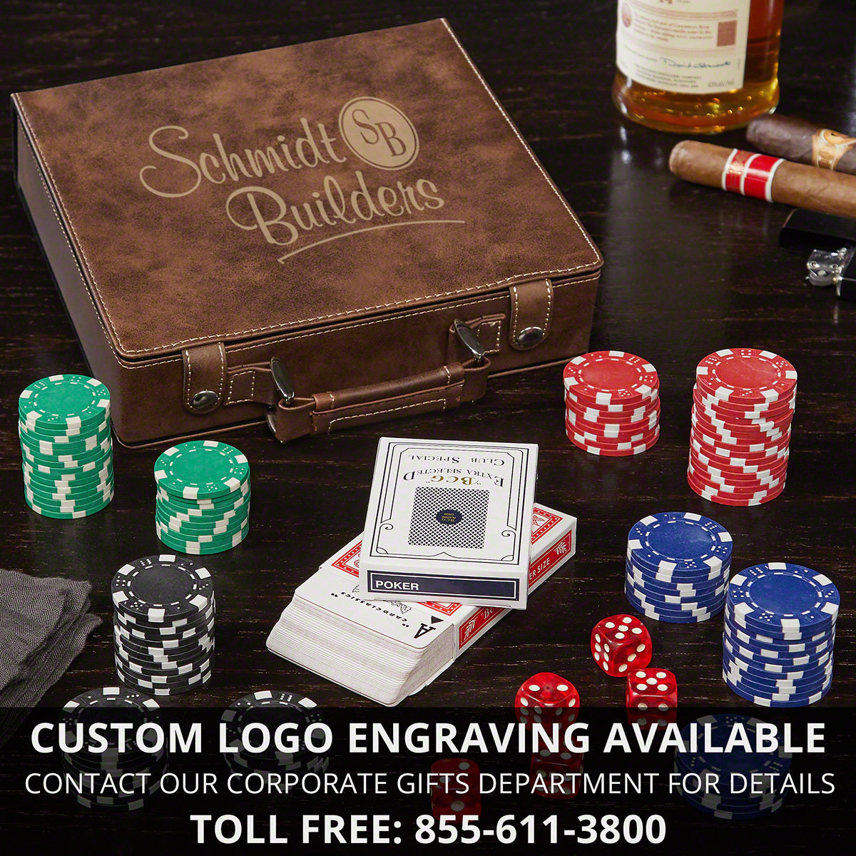 Personalized Poker Chip Case Gift Set with Cigar Glass