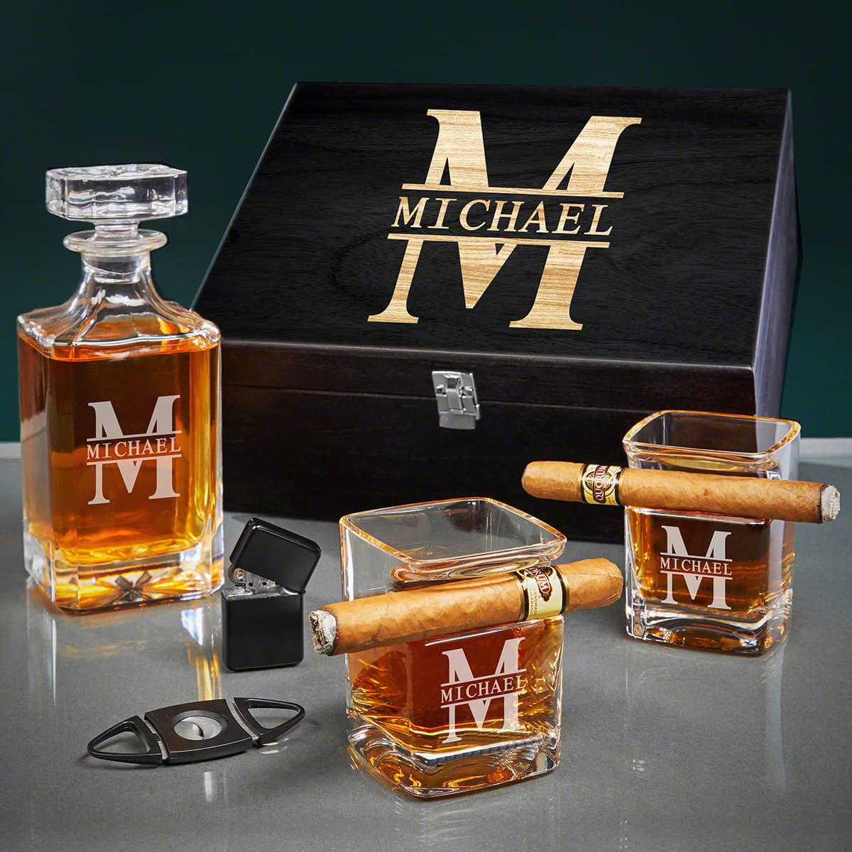 Personalized Cigar Glasses and Accessories Whiskey Decanter - Onyx Black Gift Box