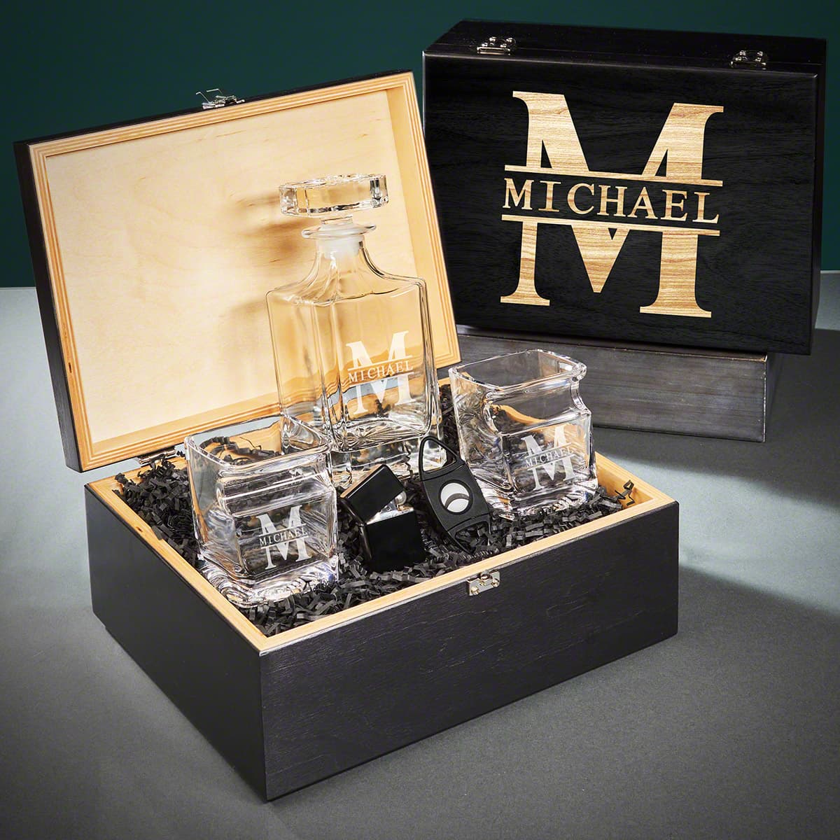 Personalized Cigar Glasses and Accessories Whiskey Decanter - Onyx Black Gift Box