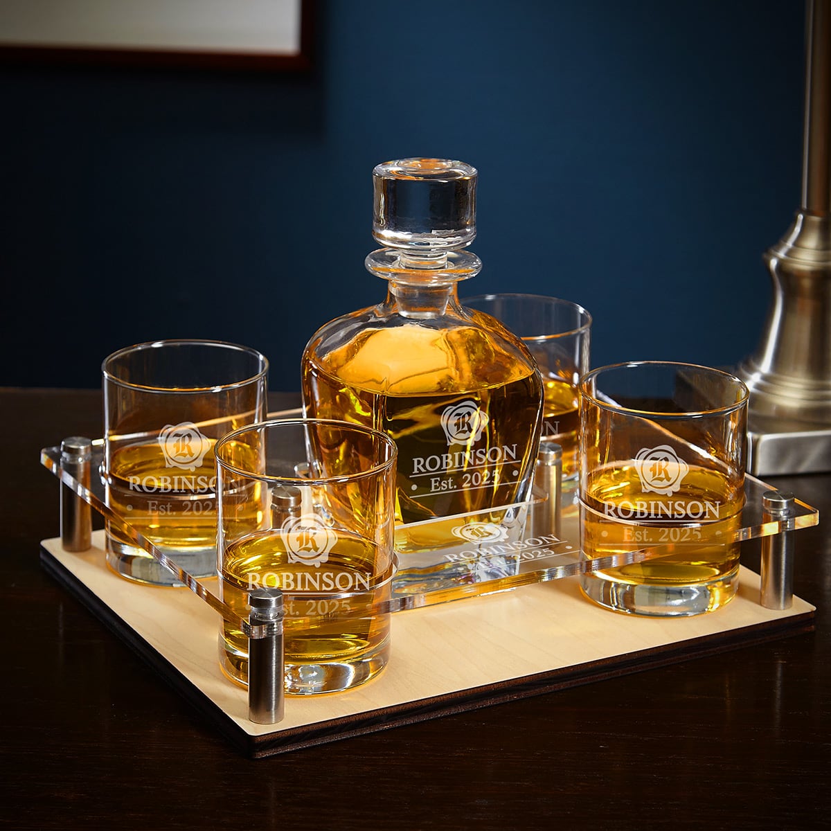 Bar Serving Tray with Custom Whiskey Decanter and Glasses 6 pc 