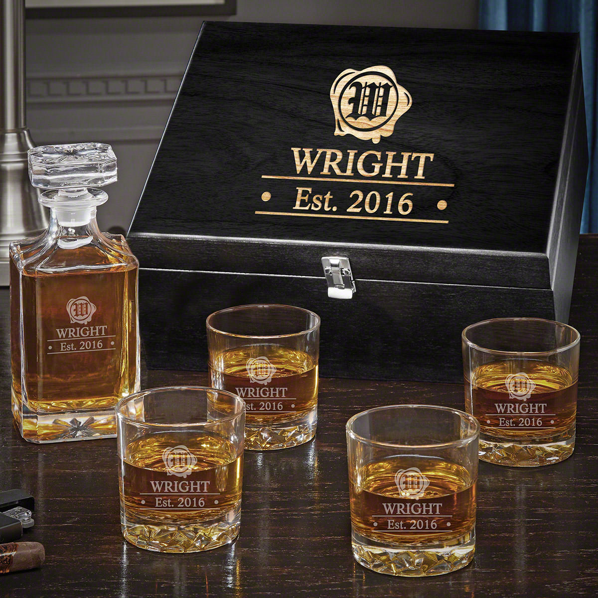 Glacier Whiskey Glasses and Decanter Set - Ebony Black Box