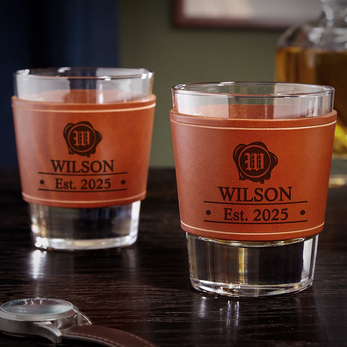 Whiskey Glasses with Personalized Leather Wrap, Set of 2