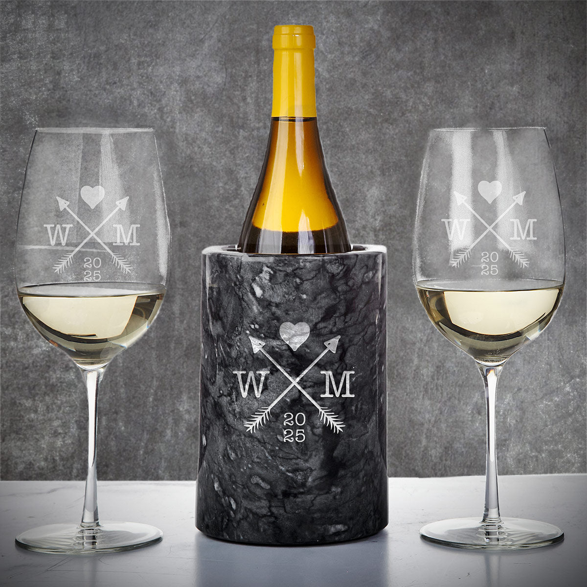 Wedding Wine Gift Set - Custom Wine Glasses and Black Marble Bottle Chiller