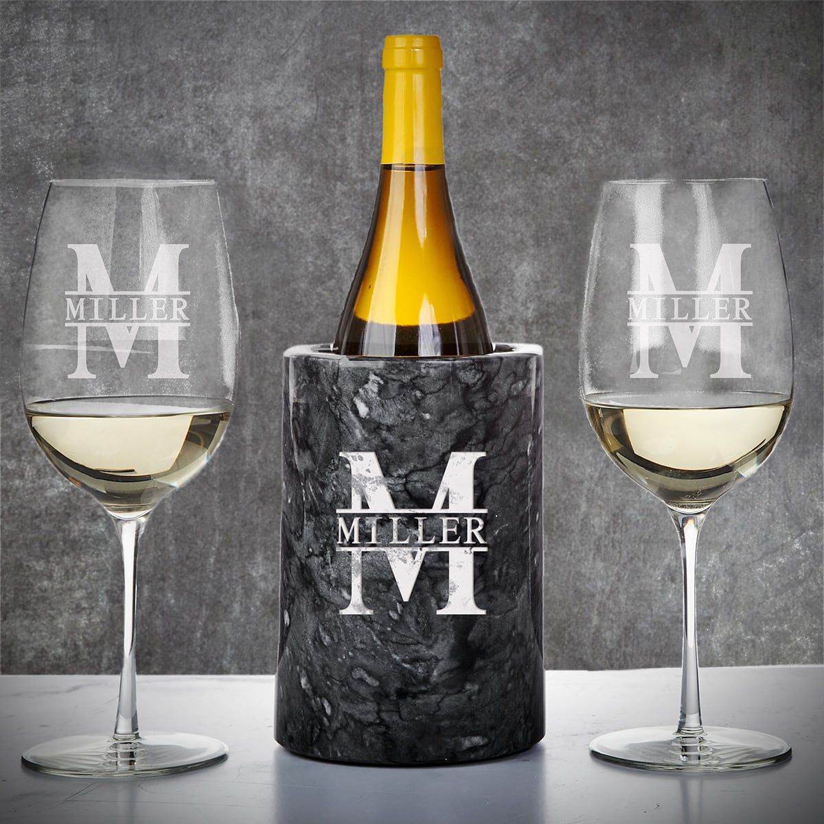 Wedding Wine Gift Set - Custom Wine Glasses and Black Marble Bottle Chiller