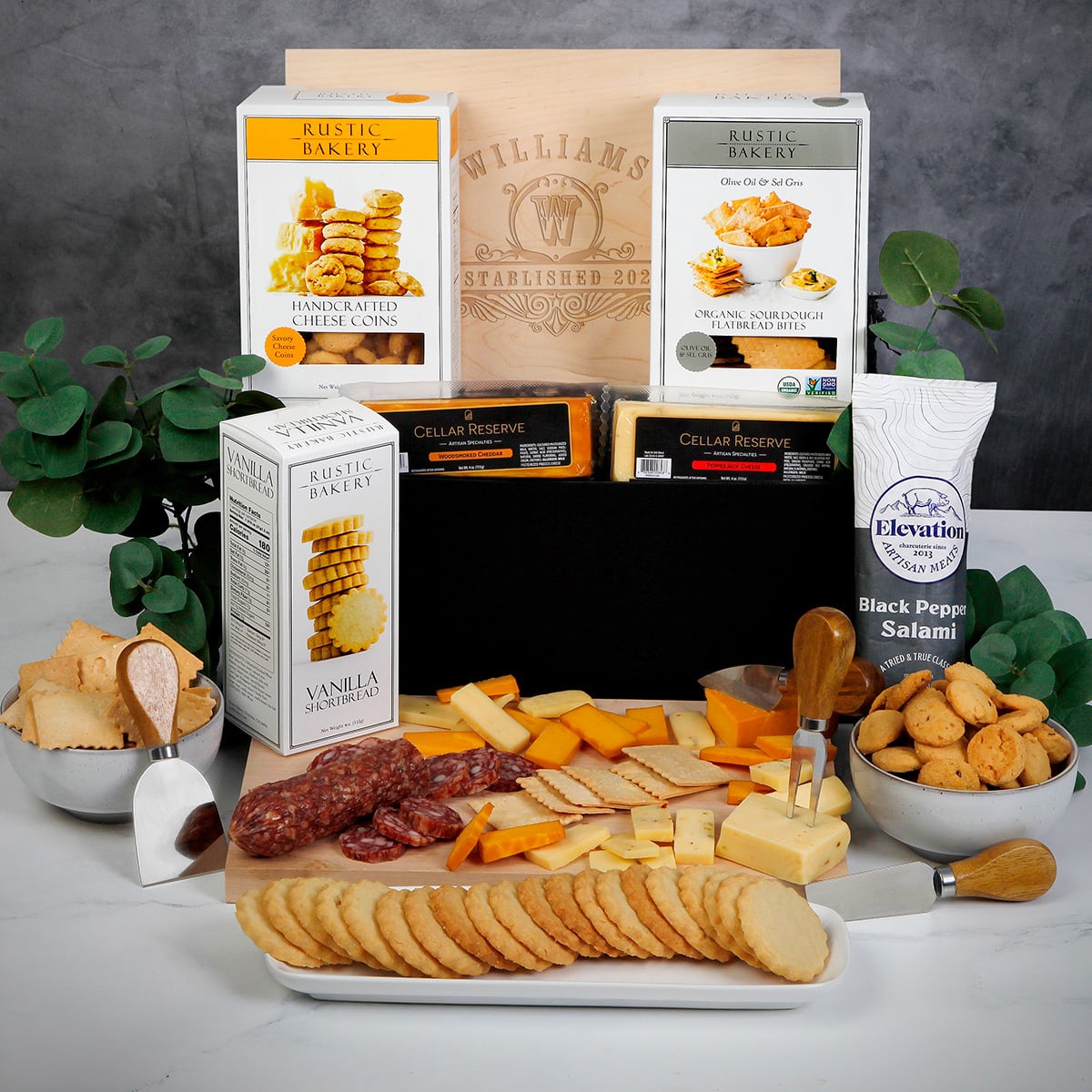 Welcome Home Charcuterie Gift Basket with Custom Charcuterie Board